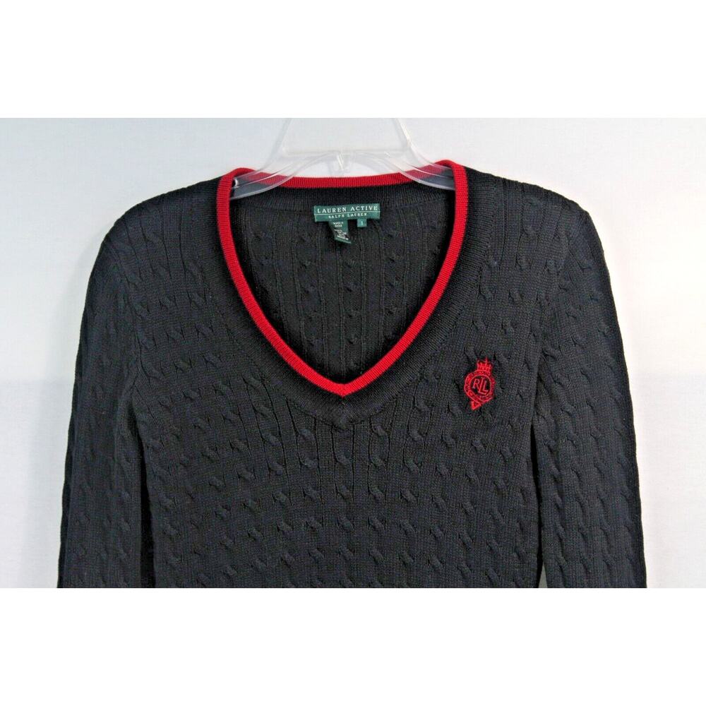 Lauren Ralph Lauren Active Cable Knit Sweater Womens size S Navy Red Trim Logo - Picture 2 of 7